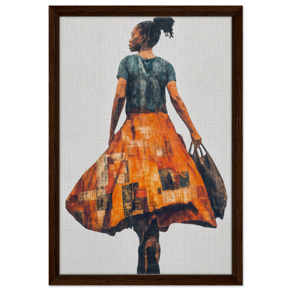 Vivid Patchwork Journey painting of a person in an orange skirt and dark green top for room decor