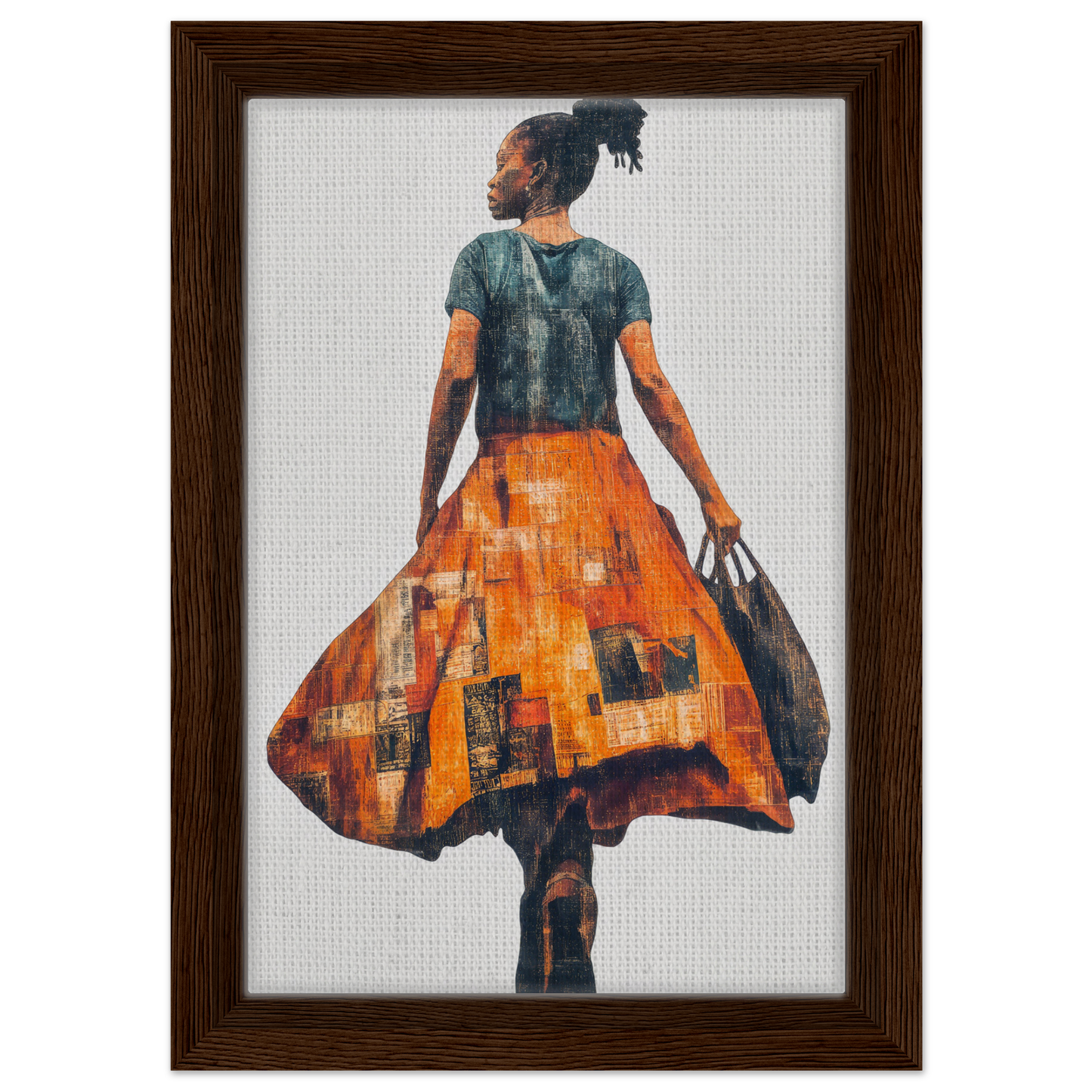 Painting of a person in vibrant orange skirt and dark top for Vivid Patchwork Journey room decor