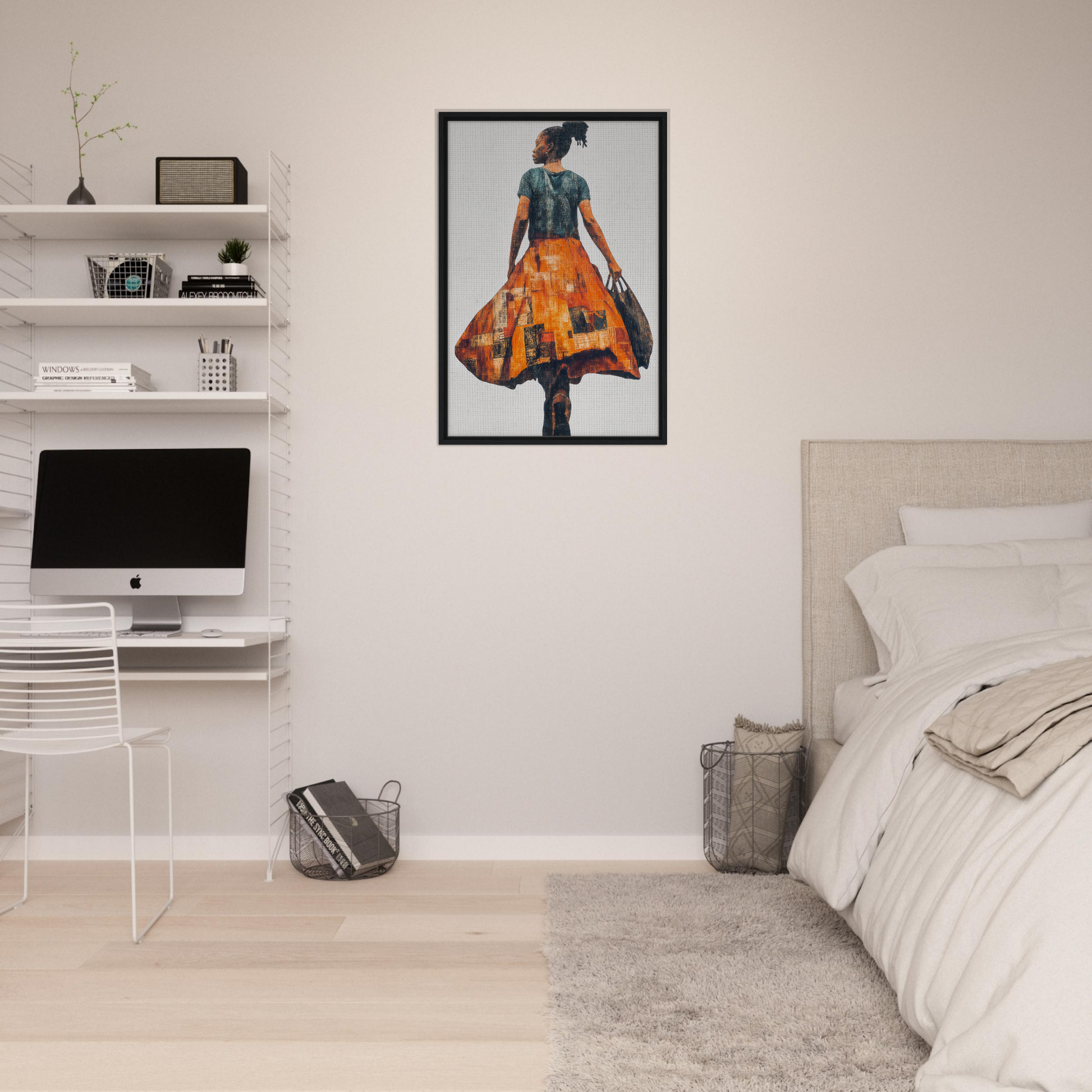 Framed canvas art of a person in a colorful skirt representing Vivid Patchwork Journey