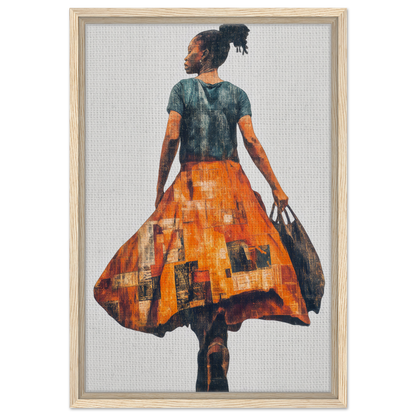 Vivid Patchwork Journey framed canvas art featuring a person in an orange cityscape skirt