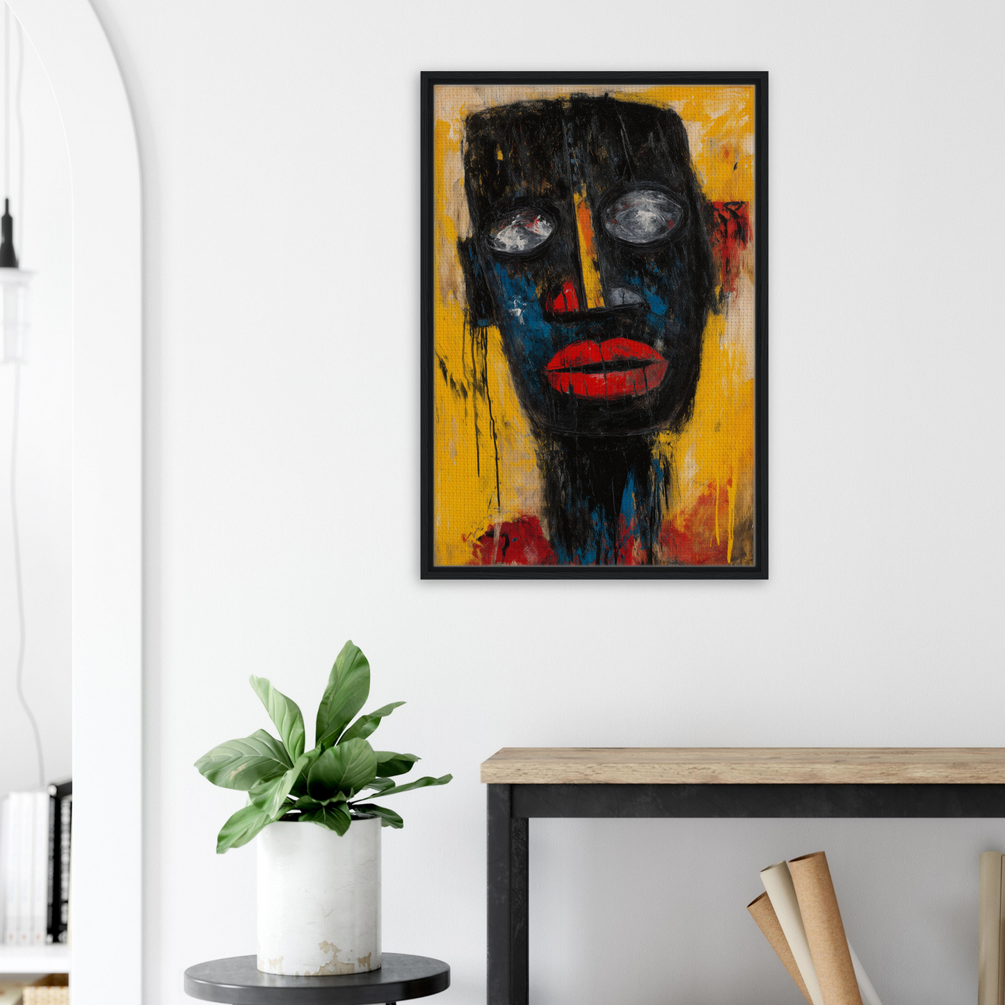 Abstract portrait painting with dark face and vibrant yellow background for Vivid Revelations Dreaming room decor