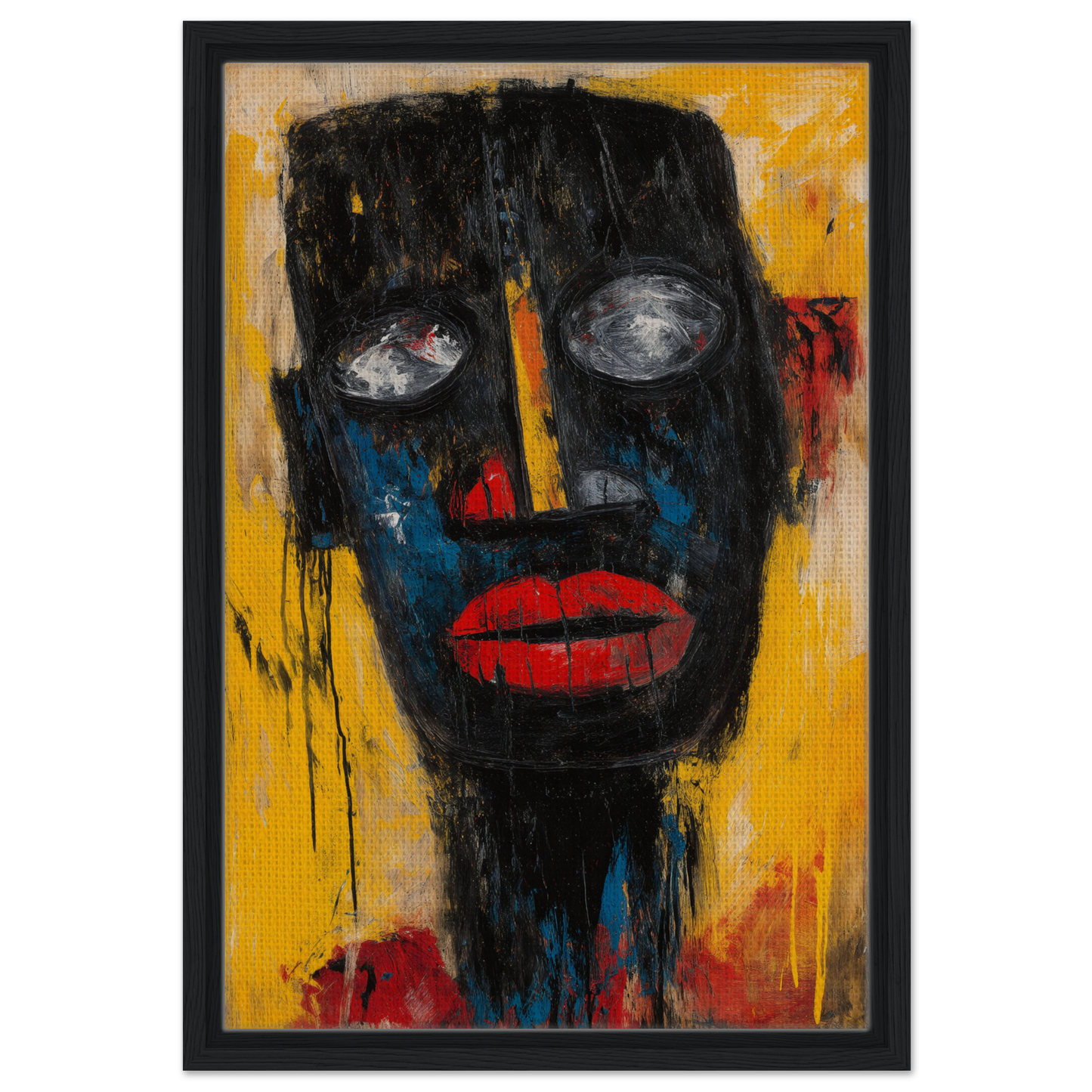 Abstract portrait of a black face with red lips on yellow, Vivid Revelations Dreaming