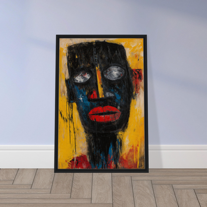 Abstract portrait painting featuring a dark face on a vibrant yellow background for Vivid Revelations Dreaming Framed Canvas Print