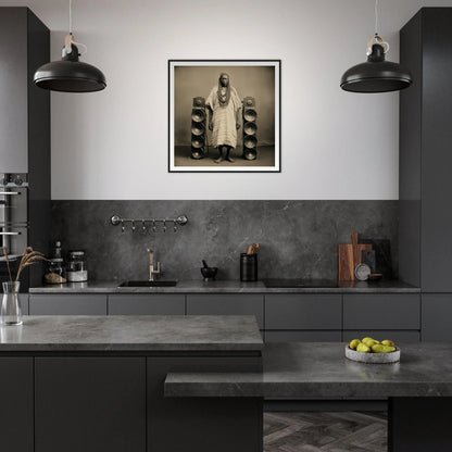 Modern dark gray kitchen with industrial lights and framed wall art from Voices Amid Pixels