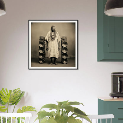 Black and white framed wall art of a person in traditional African dress by Voices Amid Pixels