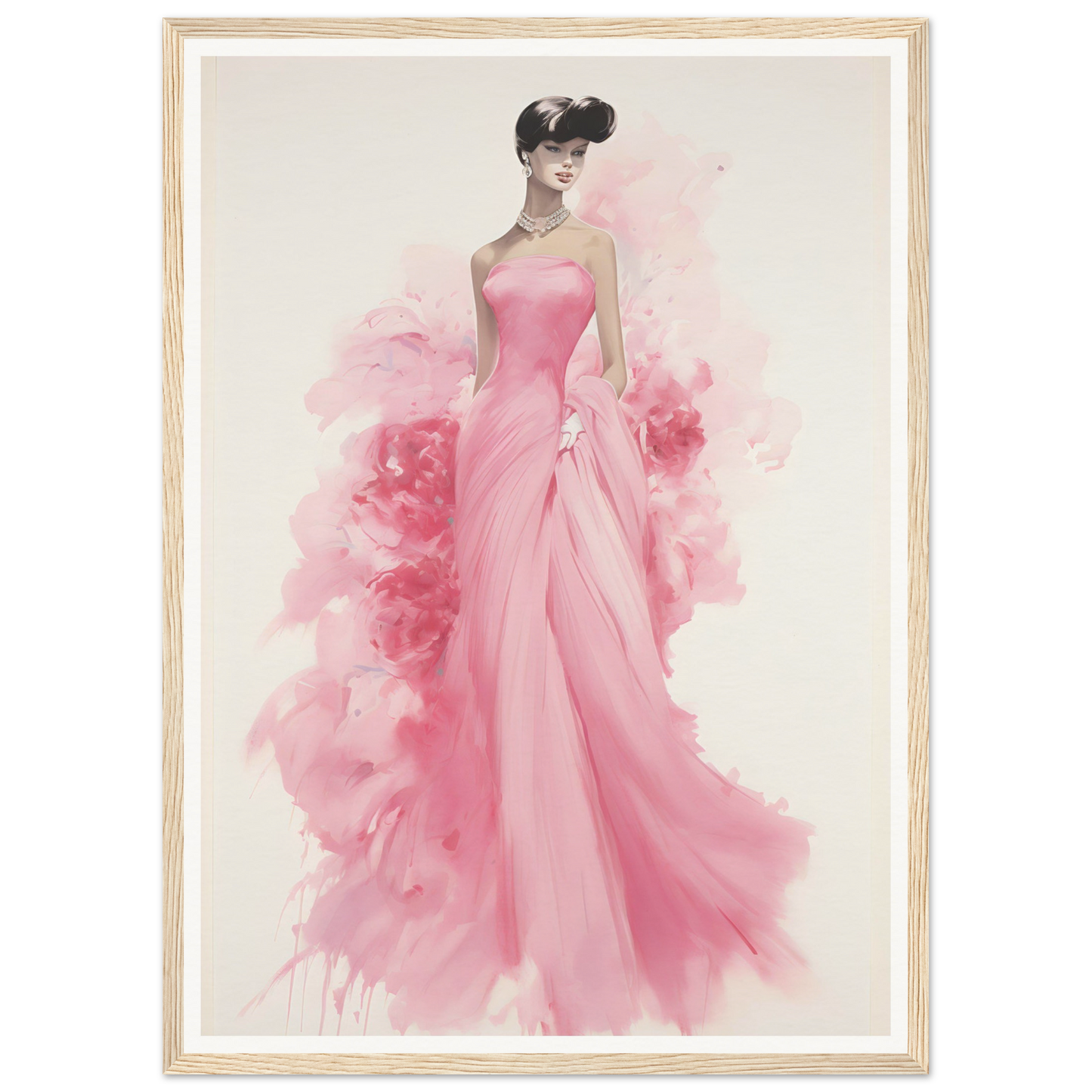 Elegant watercolor illustration of a woman in a flowing pink gown.