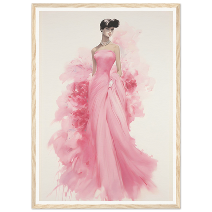 Elegant watercolor illustration of a woman in a flowing pink gown.