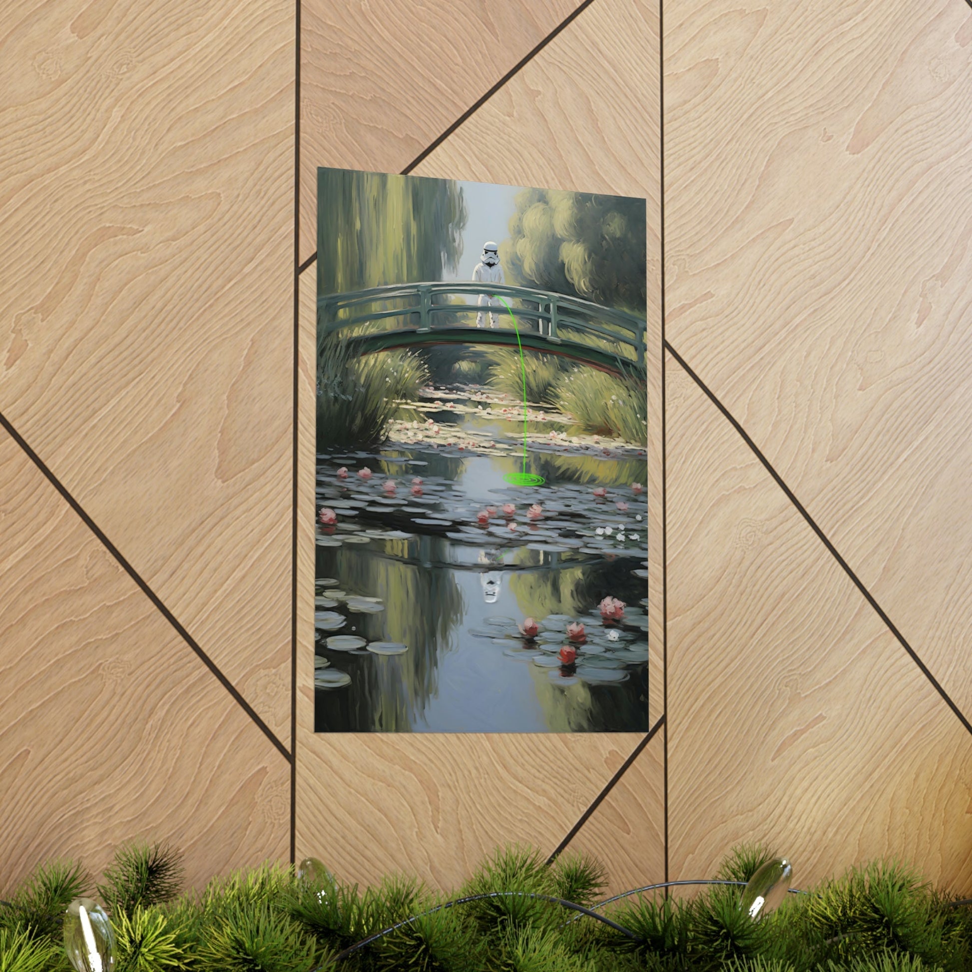 Painting of a bridge over a lily pond, reminiscent of Monet’s style.