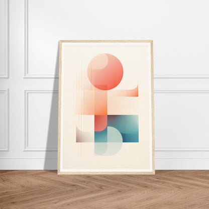 Framed abstract geometric art print featuring a red circle and blue semicircle.