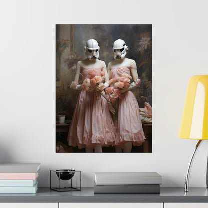 Surreal artwork depicting two figures in pink dresses wearing stormtrooper helmets.