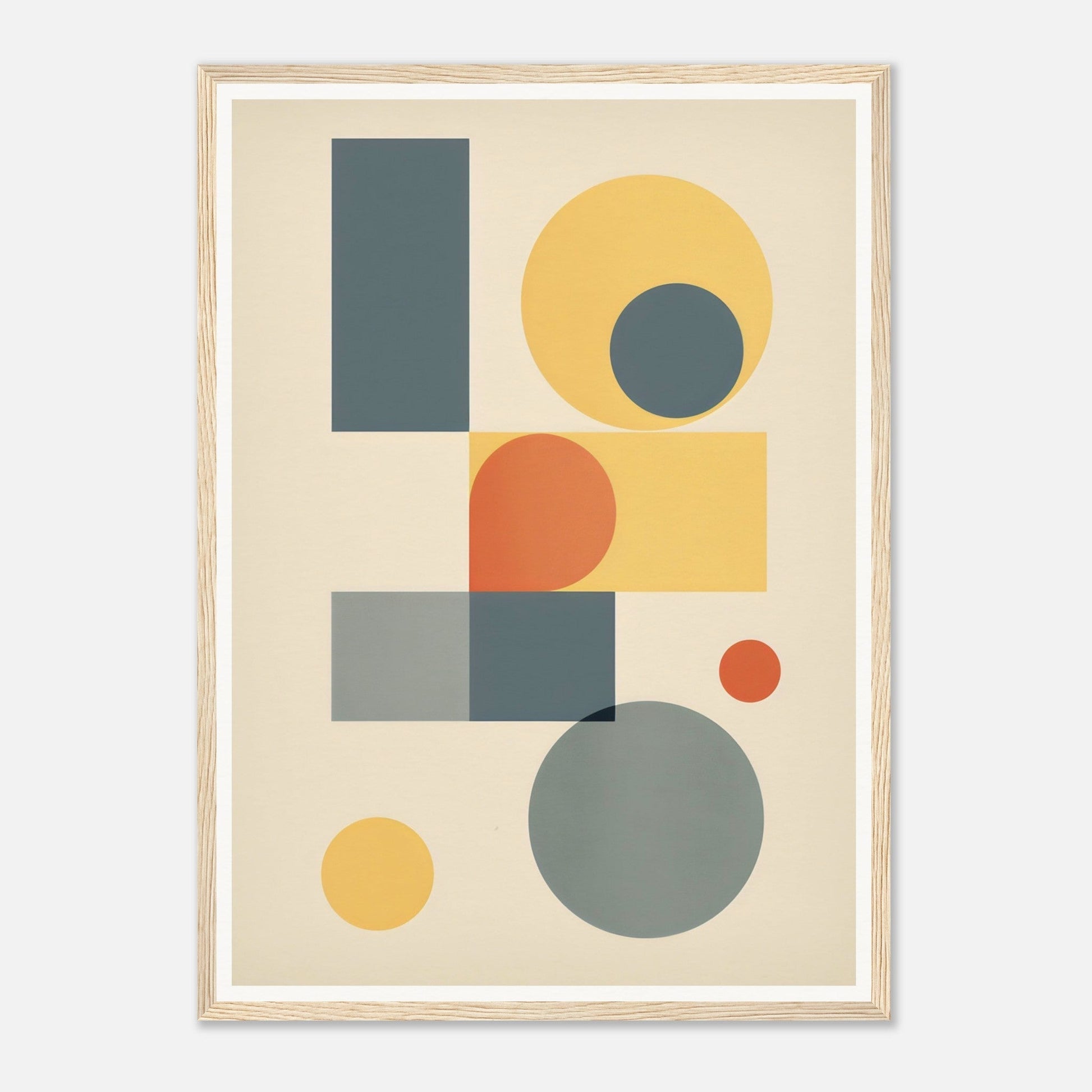 Abstract geometric artwork featuring circles, rectangles, and squares in muted colors.