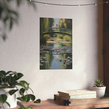 Painting of a bridge over a lily pond, reminiscent of Monet’s style.