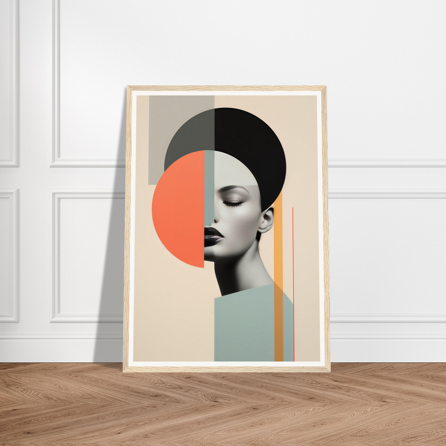 Framed abstract portrait featuring geometric shapes and a stylized profile.