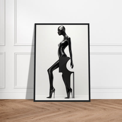 Framed black and white photograph of a stylized female figure in a striking pose wearing high heels.