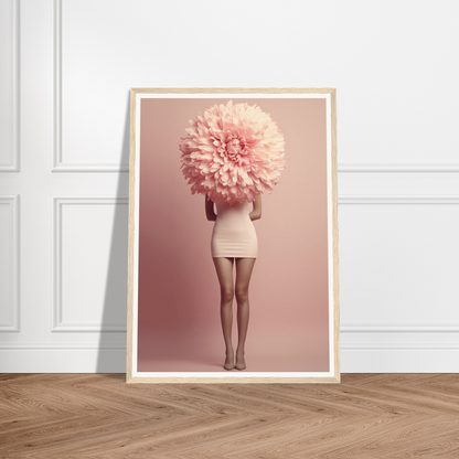 Framed artwork depicting a figure with an oversized pink flower in place of their head.