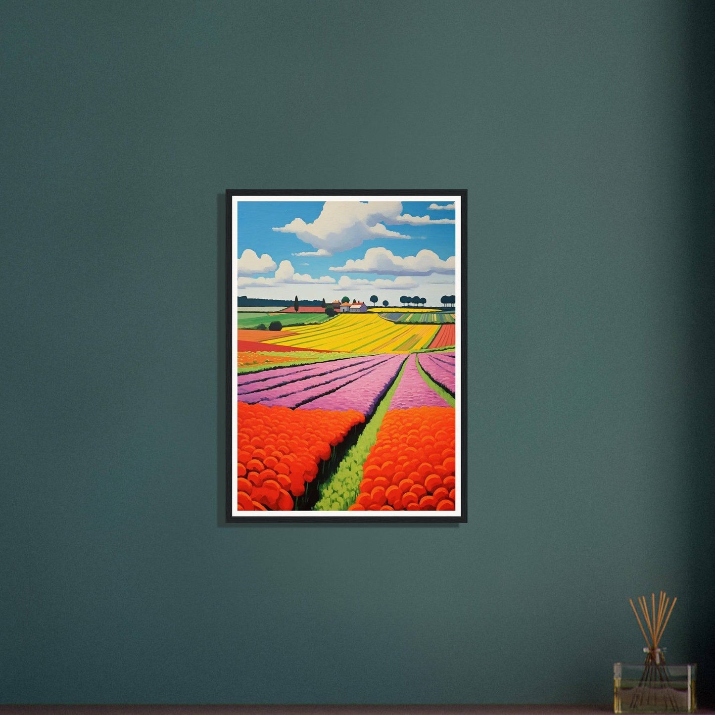 Framed painting of colorful tulip fields stretching to the horizon.