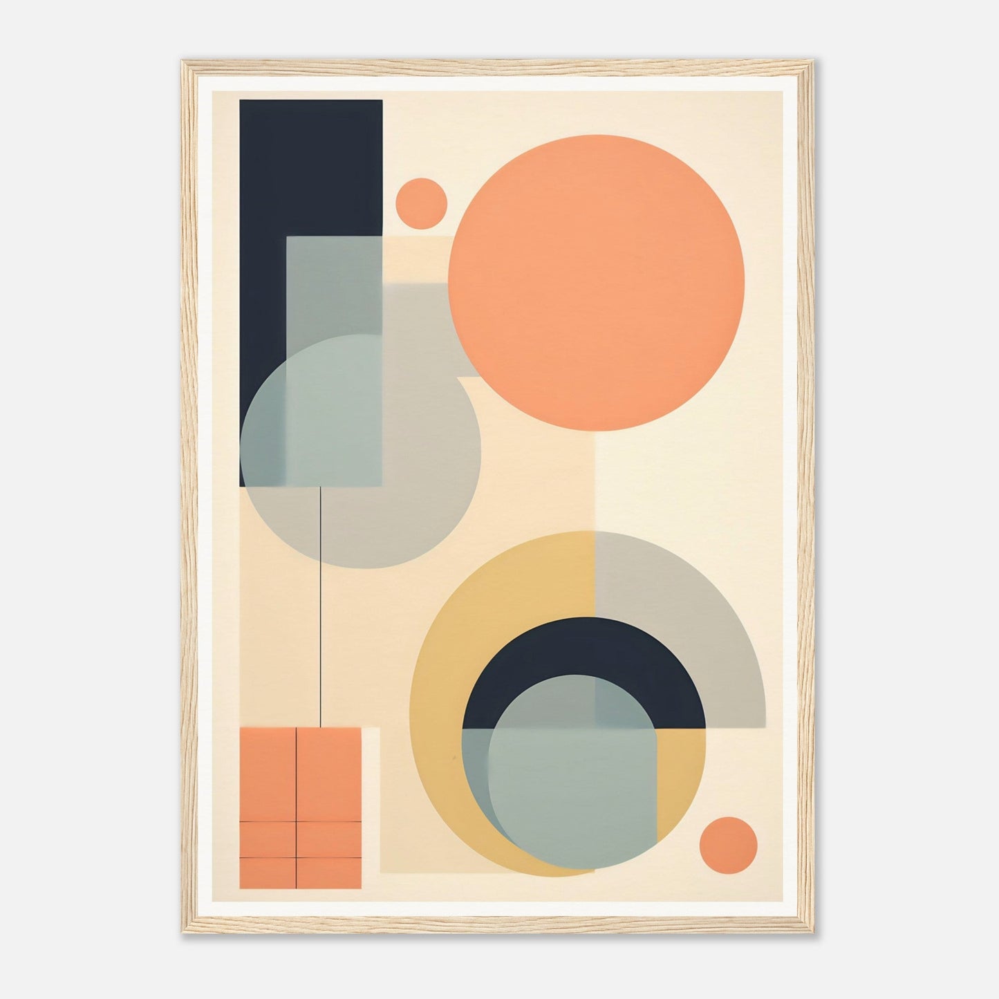 Abstract geometric artwork featuring circles, semicircles, and rectangles in muted pastel colors.