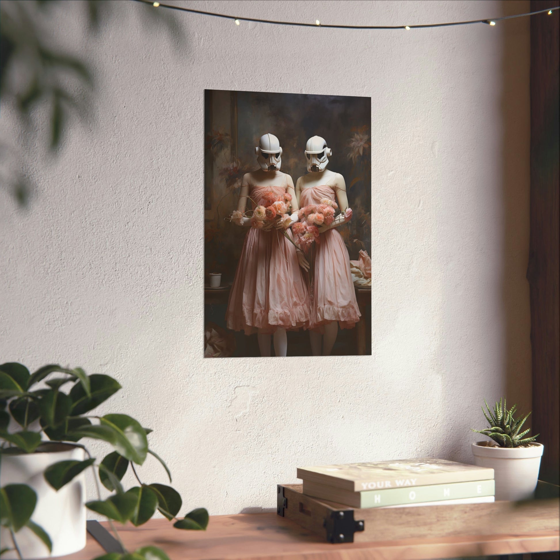 Framed photograph of two figures in pink dresses wearing white masks.