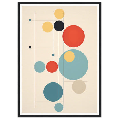 Abstract geometric artwork featuring colorful circles and thin lines arranged in a balanced composition.