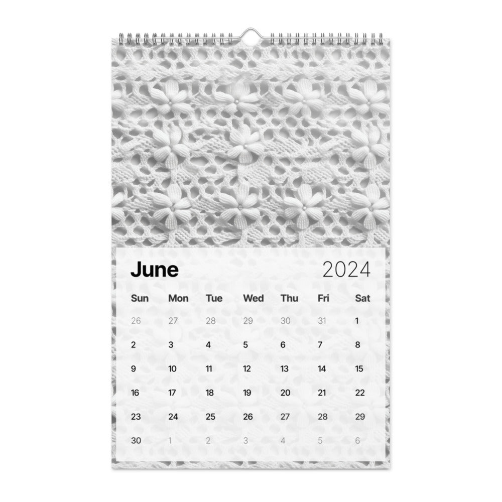 Calendar page for June 2024 with a decorative crochet pattern at the top.