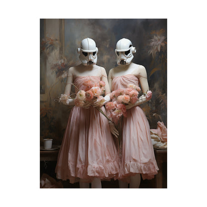 Two figures wearing Stormtrooper helmets and pink dresses holding stuffed animals.