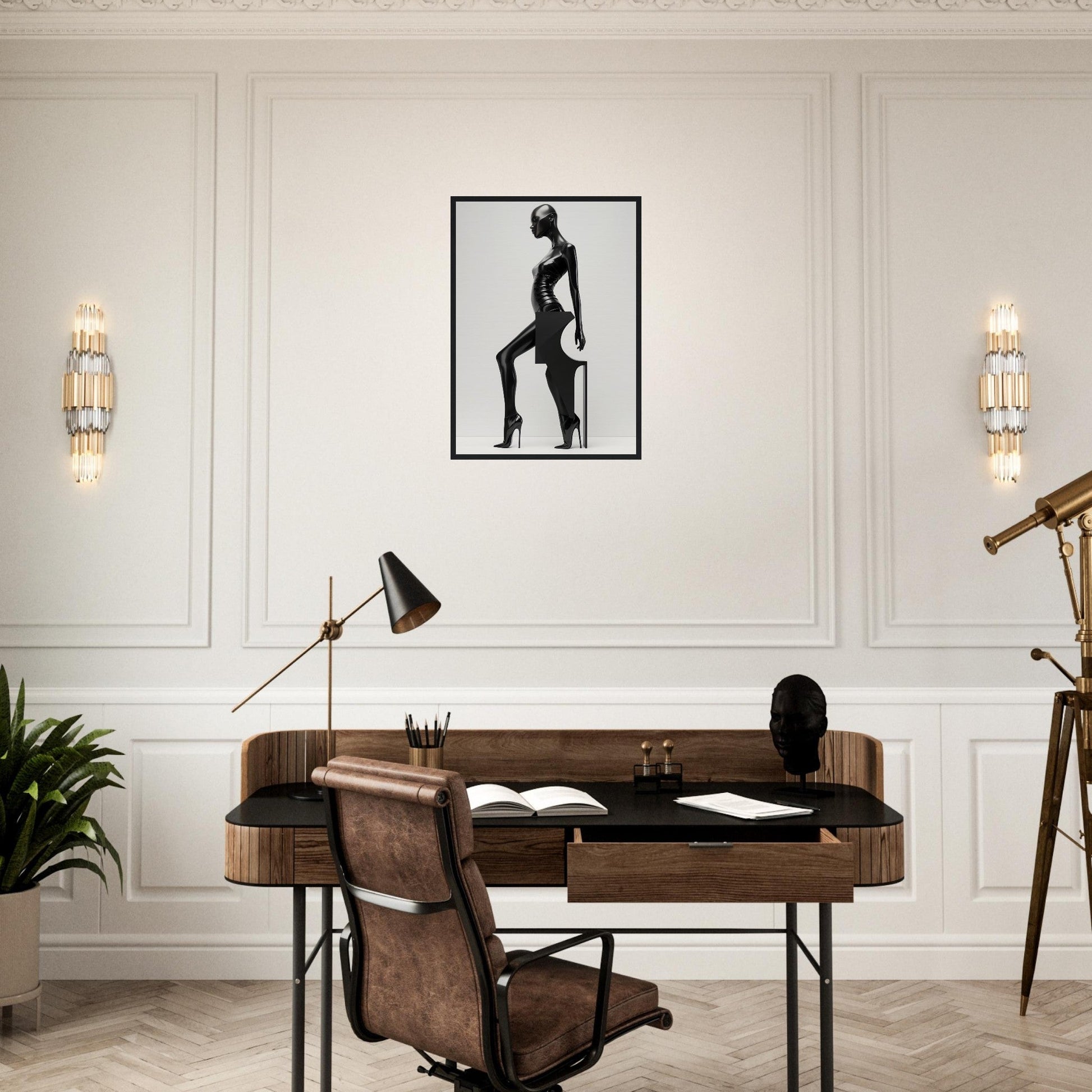 Elegant wooden desk with leather chair in a mid-century modern style.