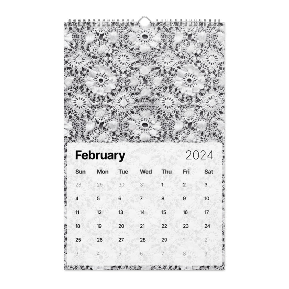 Calendar page for February 2024 with an intricate lace-like pattern at the top.