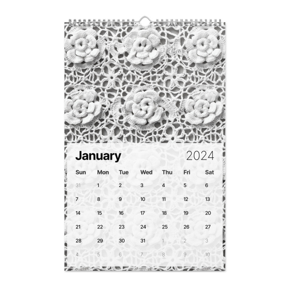 Calendar page for January 2024 with a decorative lace pattern at the top.