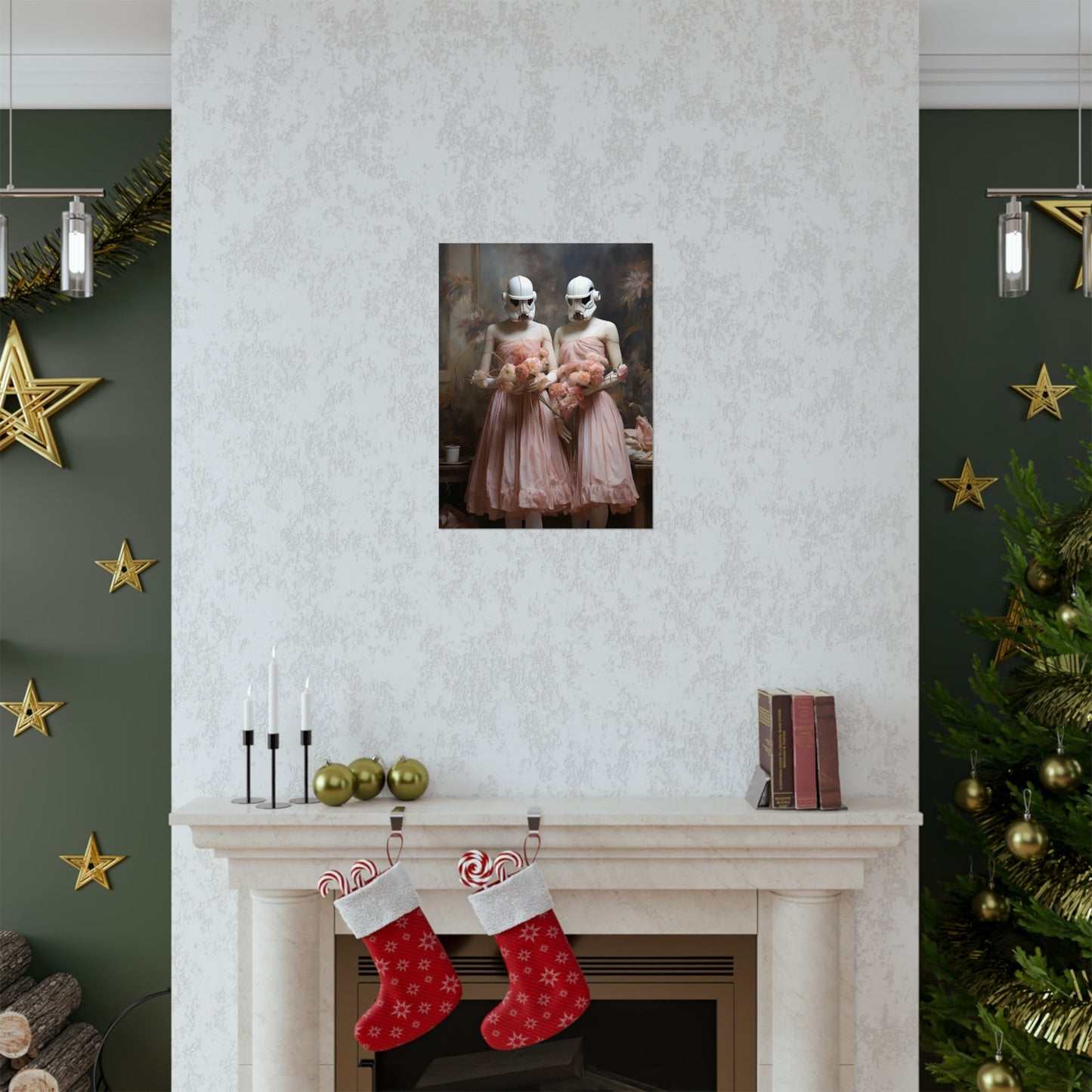 Decorated fireplace mantel with Christmas stockings and a framed photograph above it.