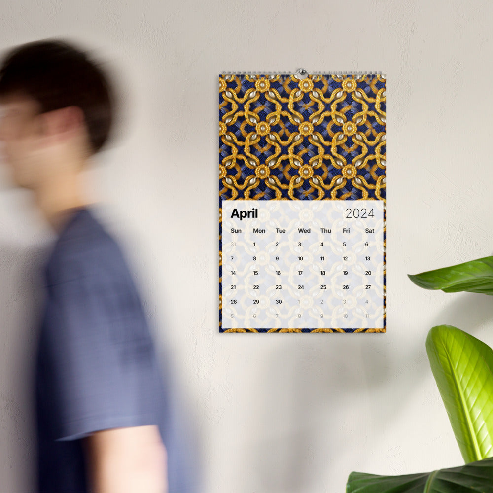 Calendar for April 2024 with a decorative geometric pattern background.