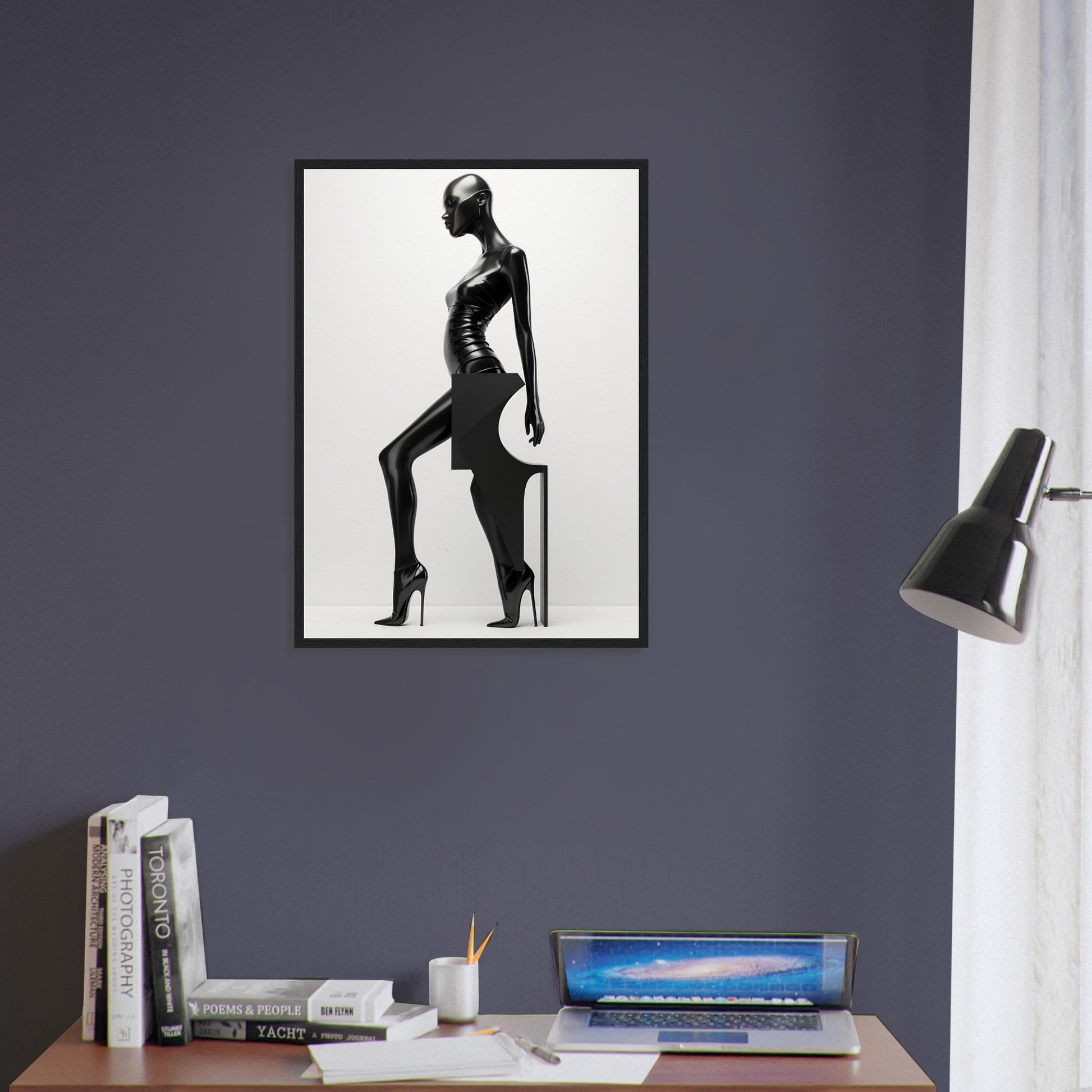 Stylized black and white silhouette artwork of a slender female figure in a form-fitting outfit and high heels.