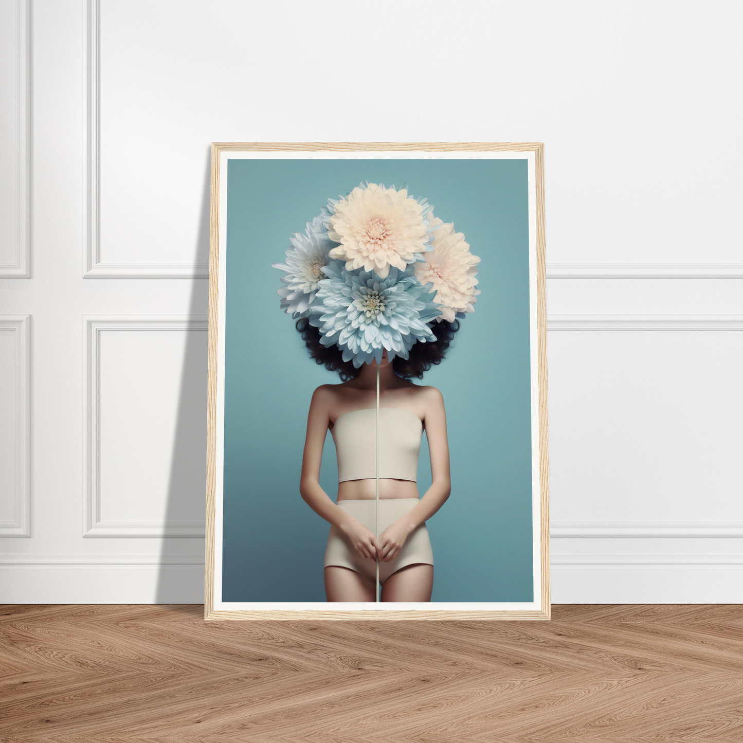 Framed artistic photograph of a person with their head obscured by large white flowers, wearing minimal clothing.