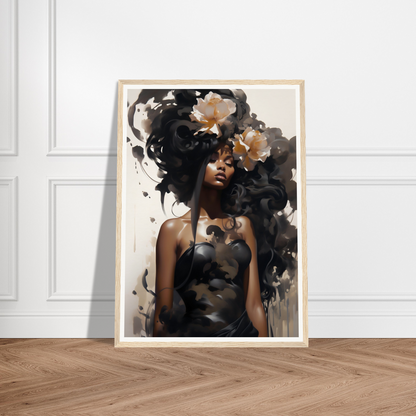 Framed artwork depicting a woman with flowers in her hair and abstract dark elements surrounding her.