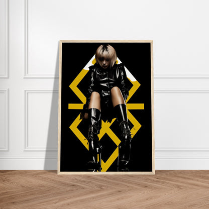 Framed poster featuring a person in black leather clothing against a geometric yellow design.