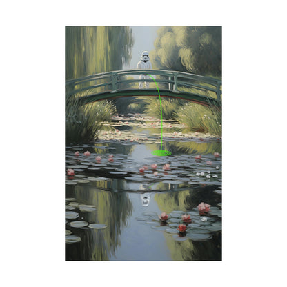 Arched wooden bridge over a lily pond with reflections in the water.