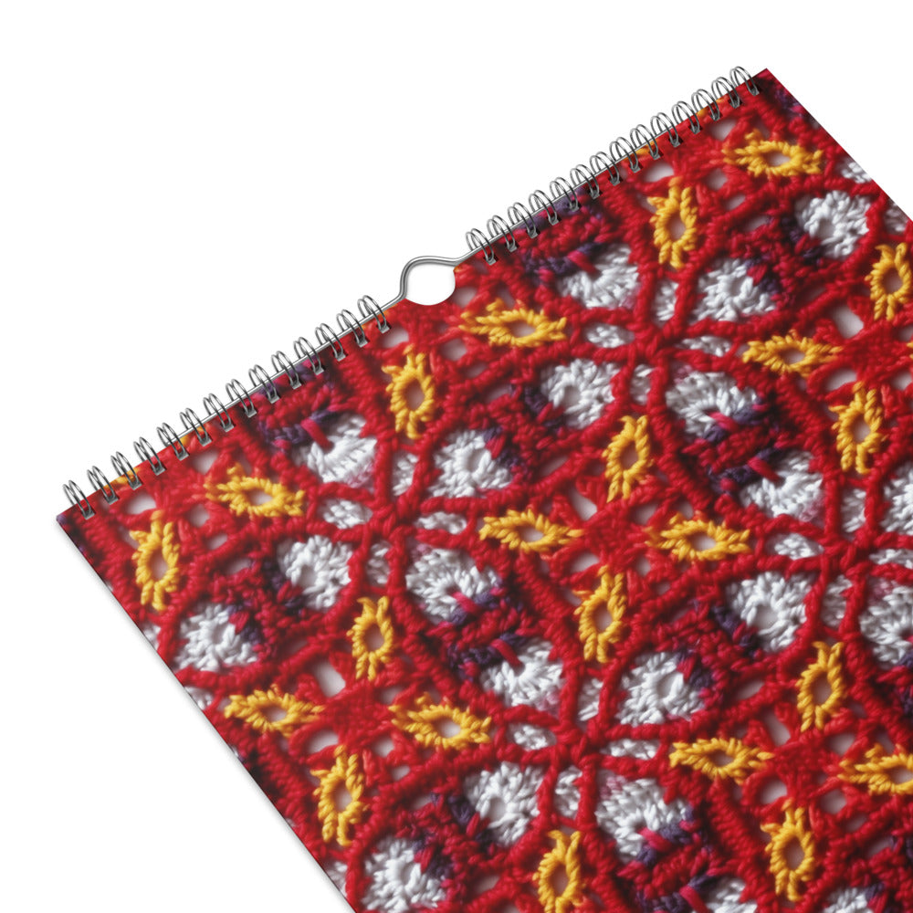 Spiral-bound notebook with a vibrant red, yellow, and white patterned cover.