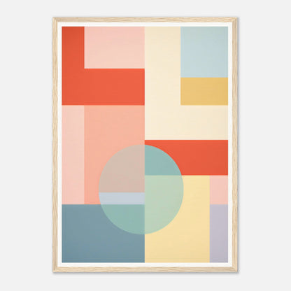 Abstract geometric artwork featuring colorful rectangular shapes and a circular element in pastel tones.