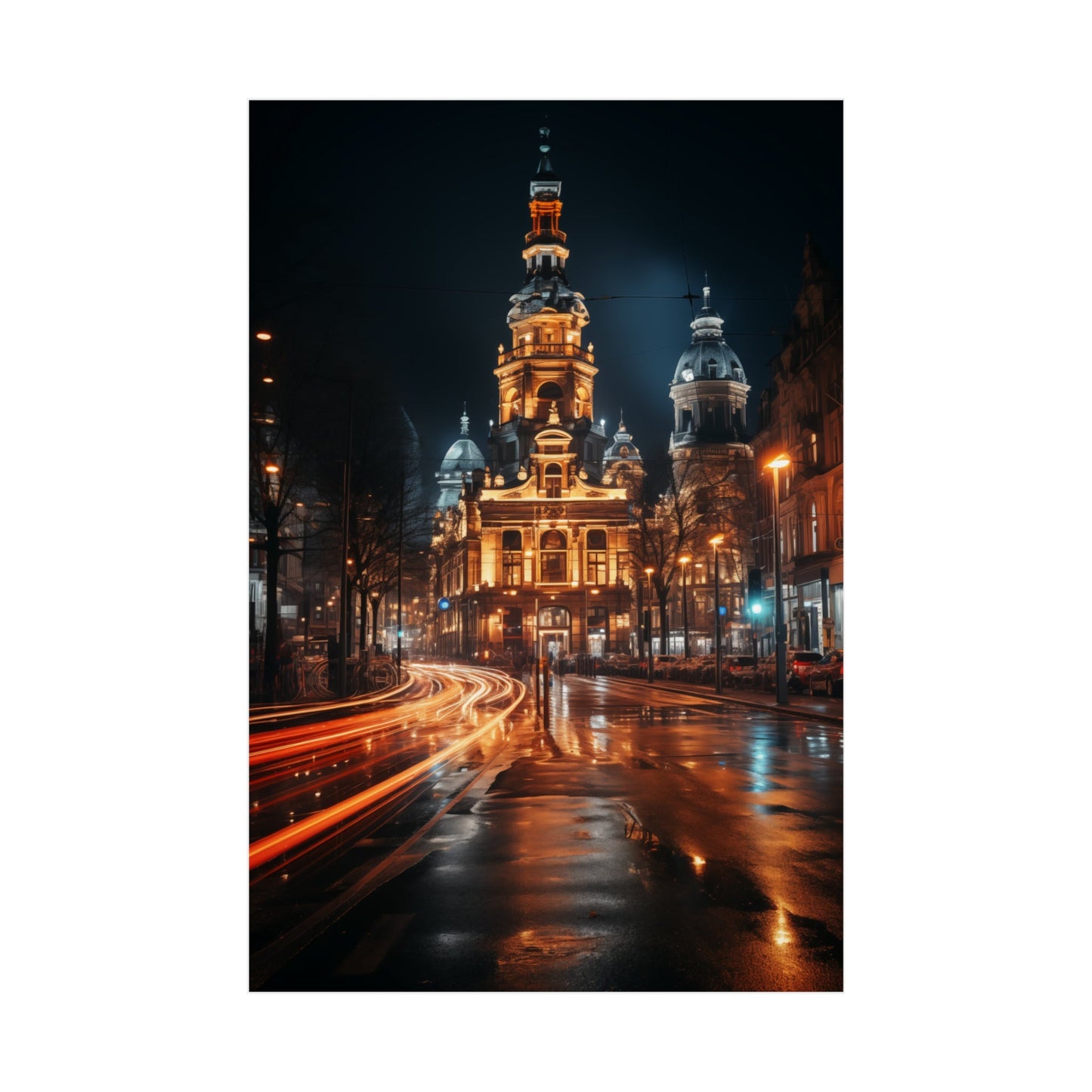 Ornate, illuminated church or cathedral with multiple domes and towers at night.