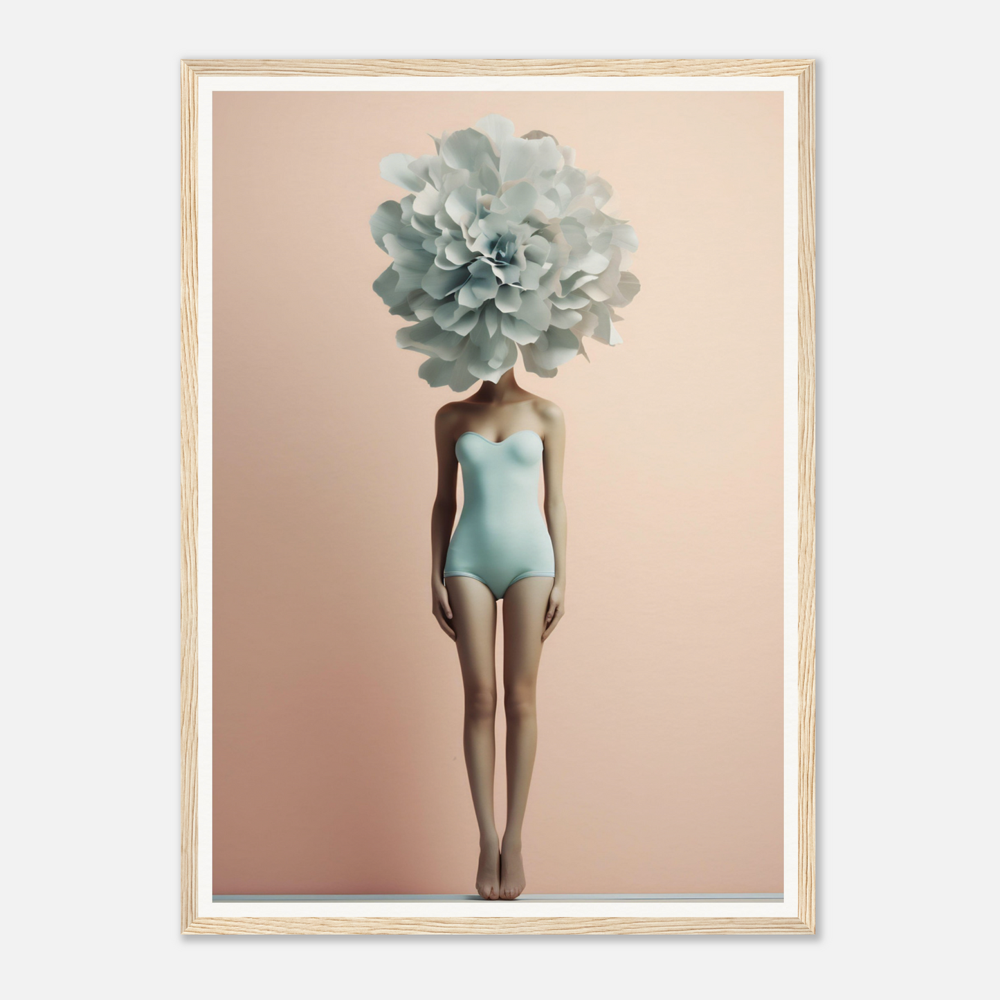 Surreal figure wearing a light blue swimsuit with a large pale green flower in place of its head.