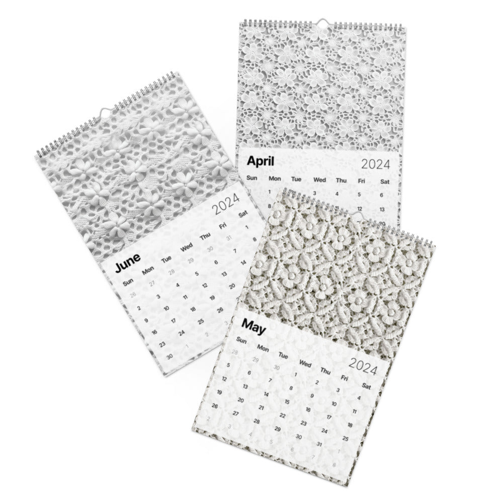 Wall calendars with decorative black and white floral patterns above the monthly grids for 2024.