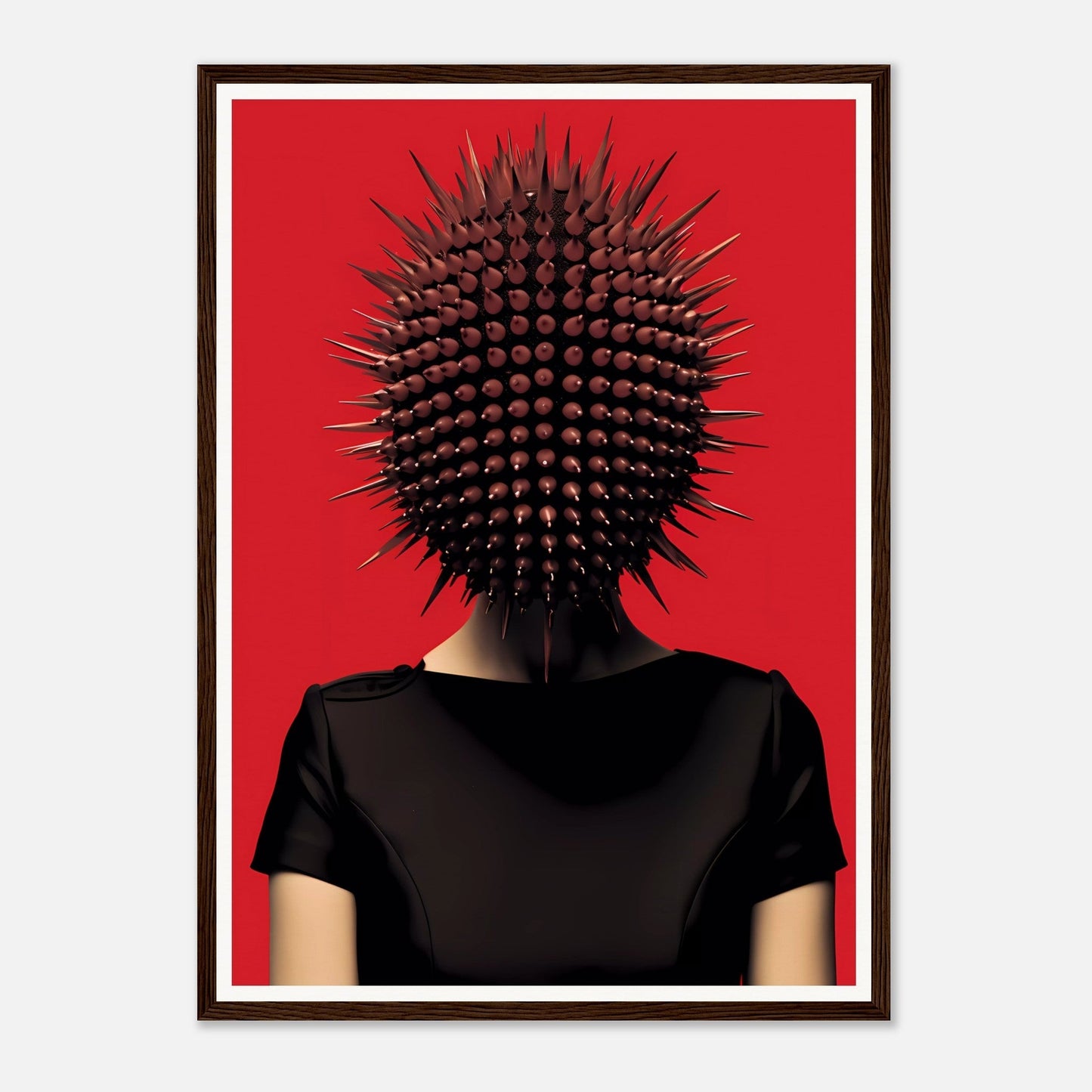 Spiky, spherical headpiece resembling a sea urchin worn by a person in a black shirt against a red background.