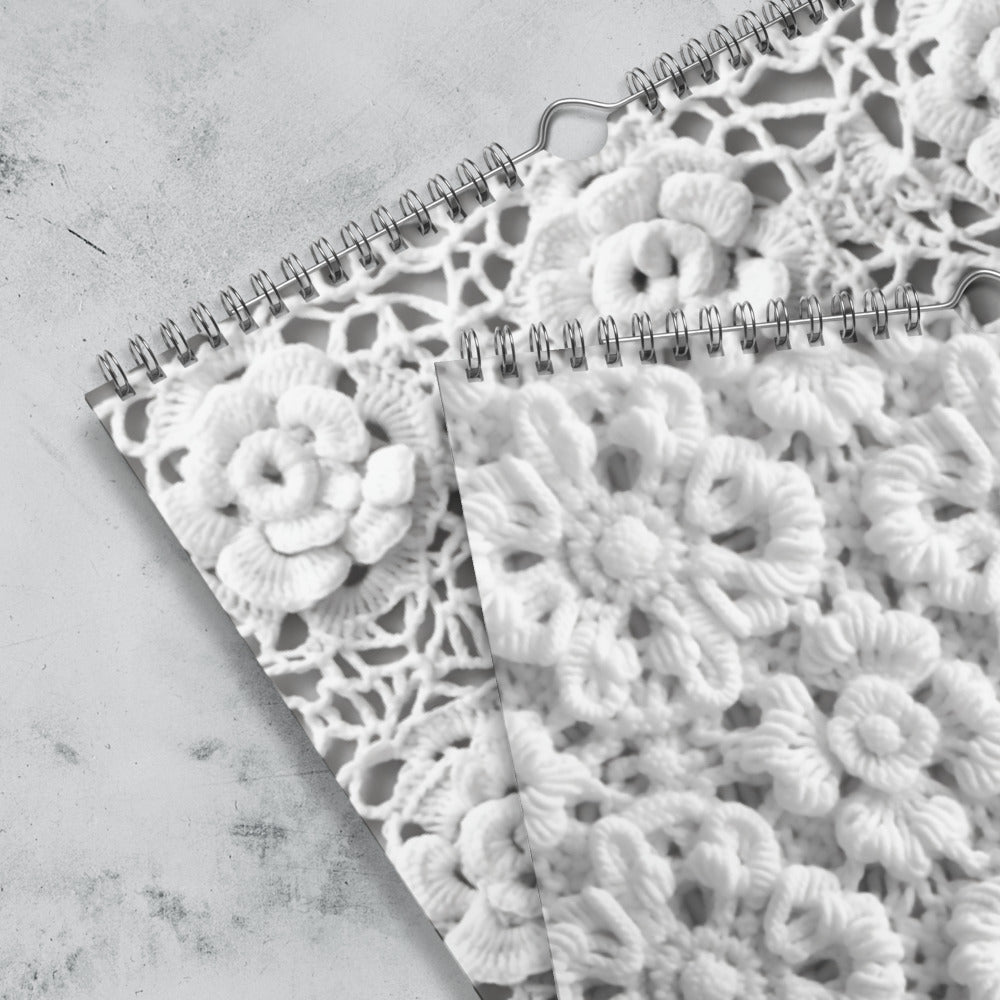 Spiral-bound notebook with lacy floral patterned cover.