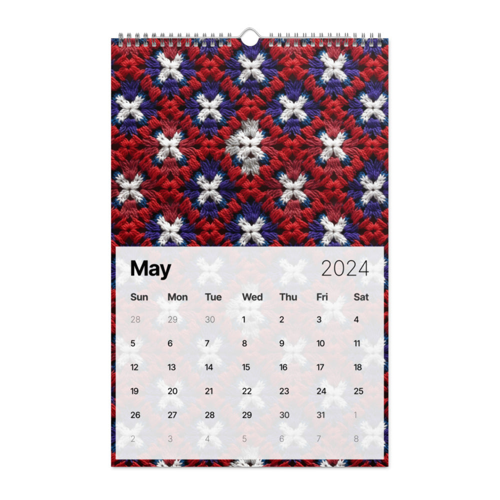 Wall calendar for May 2024 with a colorful knitted or crocheted pattern background.