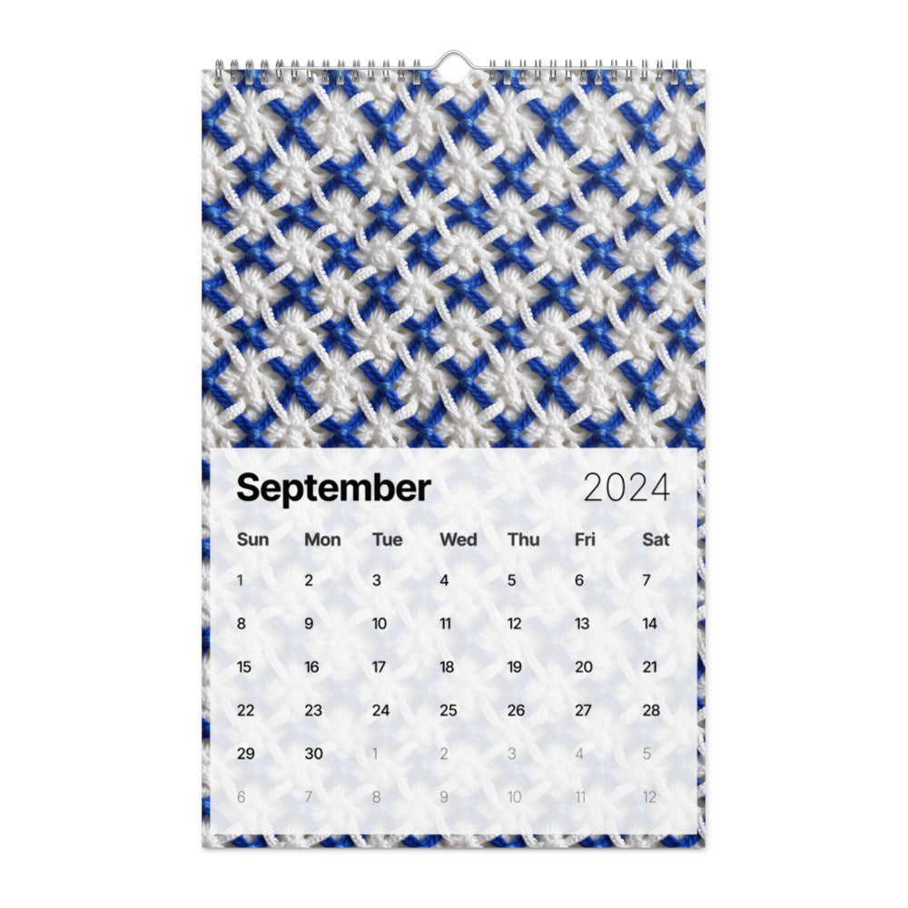 Calendar page for September 2024 with a blue and white patterned background.