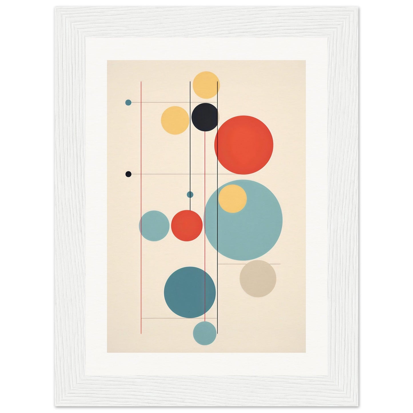 Abstract geometric artwork featuring colorful circles and lines in a minimalist composition.