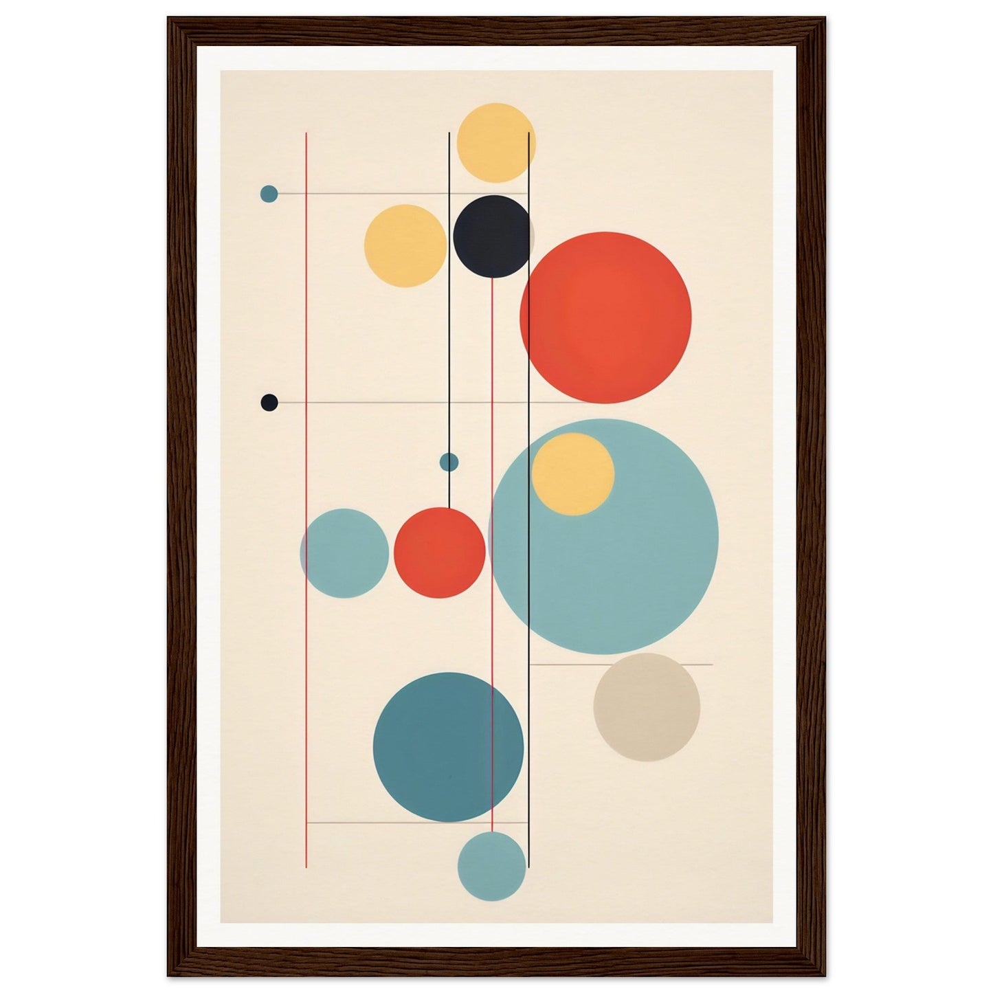 Abstract geometric artwork featuring colorful circles and lines in a minimalist composition.