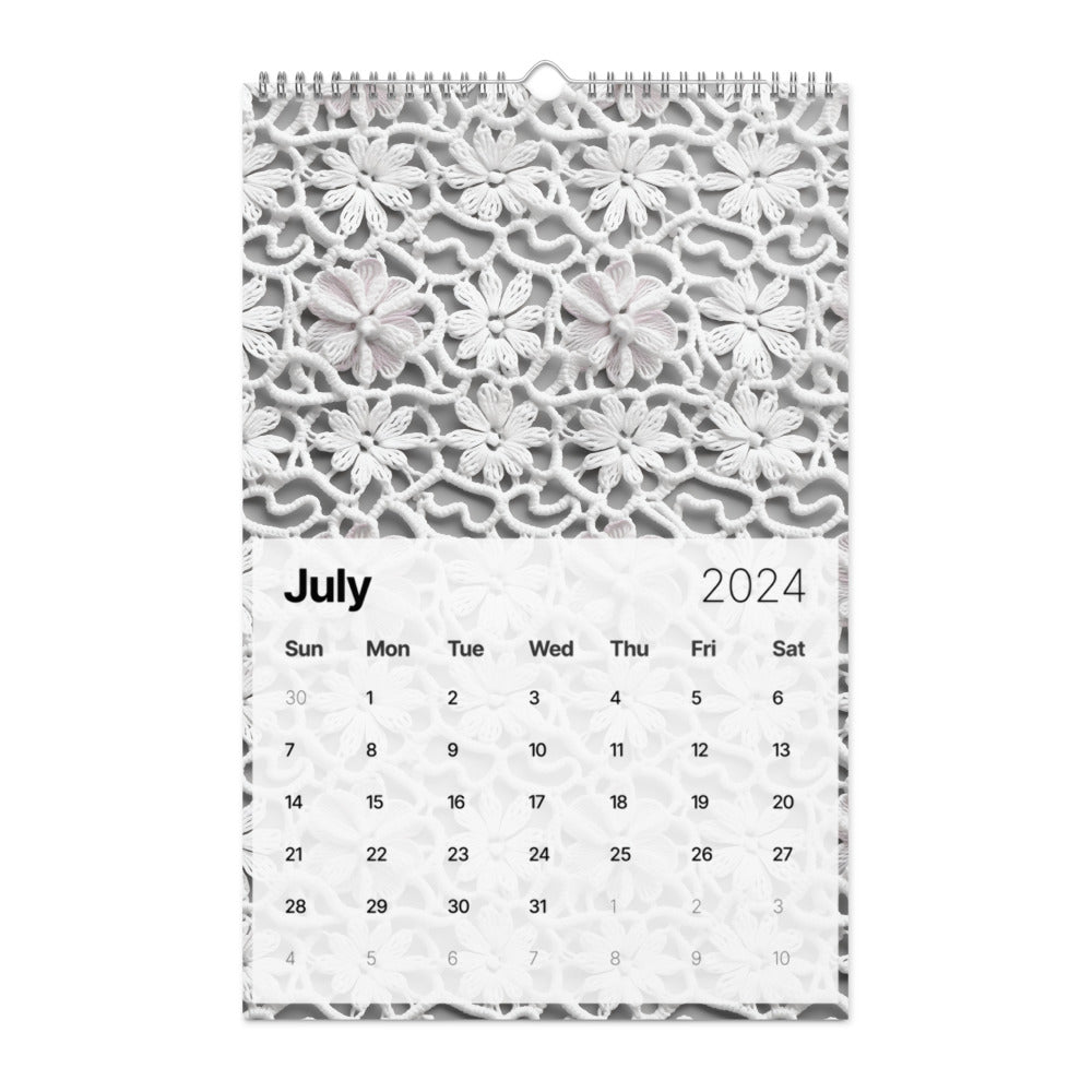 Calendar page for July 2024 with a decorative lace pattern at the top.