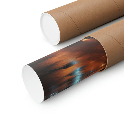 Rolled canvas or print featuring a dramatic sunset sky image.