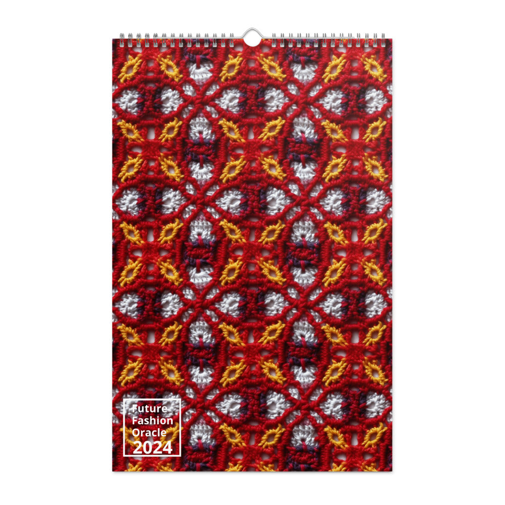 Calendar with a vibrant red and white floral pattern on its cover for the year 2024.