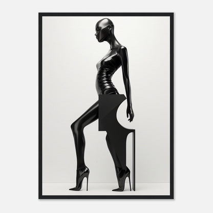 Stylized silhouette of a slender female figure in an exaggerated pose wearing high heels.